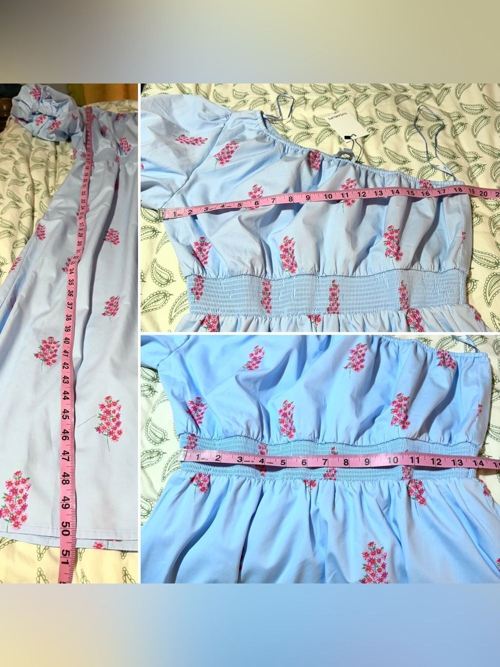 SUGARLIPS Gelato Baby Blue Pink Floral Bridgette Cotton One Shoulder Midi Dress - Picture 13 of 13